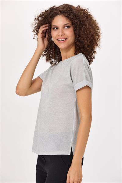 Yuvarlak Yaka Duble Kol Simli Bluz 025-1002