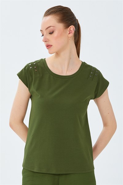 Omuzu Rivet Detaylı Bisiklet Yaka Bluz 026-1044