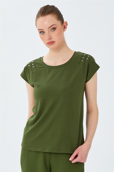 Omuzu Rivet Detaylı Bisiklet Yaka Bluz 026-1044