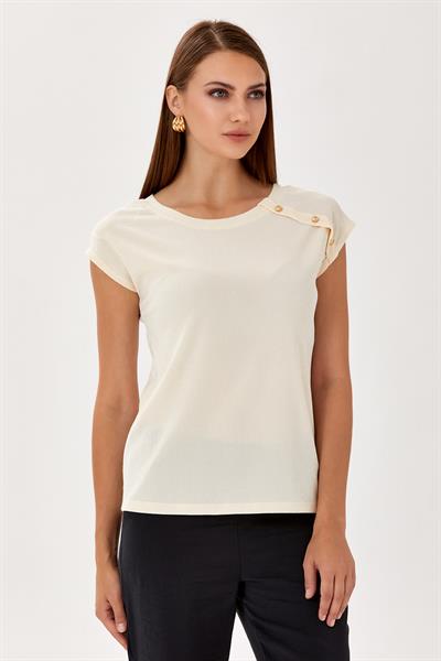 Yuvarlak Yaka Omzu Düğme Detaylı Bluz 024-1054