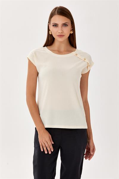 Yuvarlak Yaka Omzu Düğme Detaylı Bluz 024-1054
