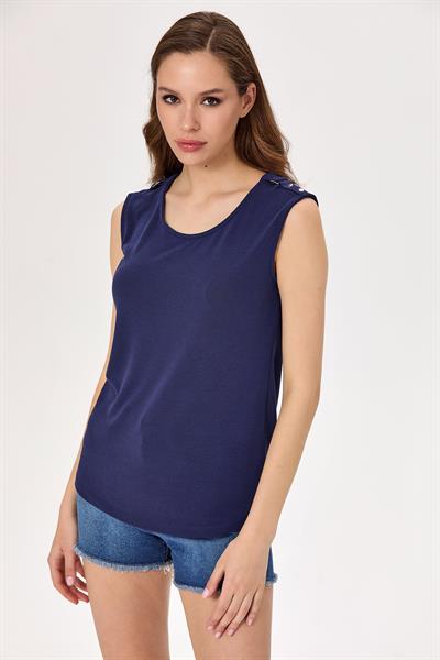Yuvarlak Yaka Omuzu Toka Detaylı Bluz 025-1006
