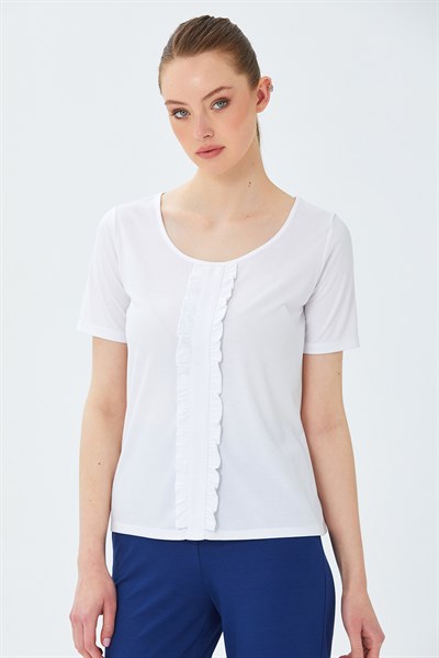 Yuvarlak Yaka Önü Fırfır Detaylı Bluz 026-1031
