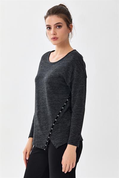 Yuvarlak Yaka Şerit Detaylı Triko Bluz 256-1709