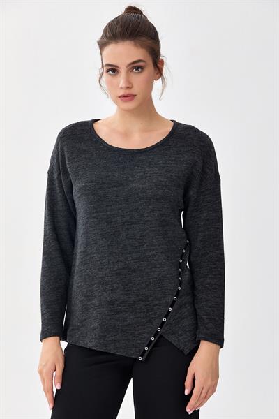 Yuvarlak Yaka Şerit Detaylı Triko Bluz 256-1709