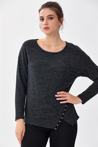 Yuvarlak Yaka Şerit Detaylı Triko Bluz 256-1709