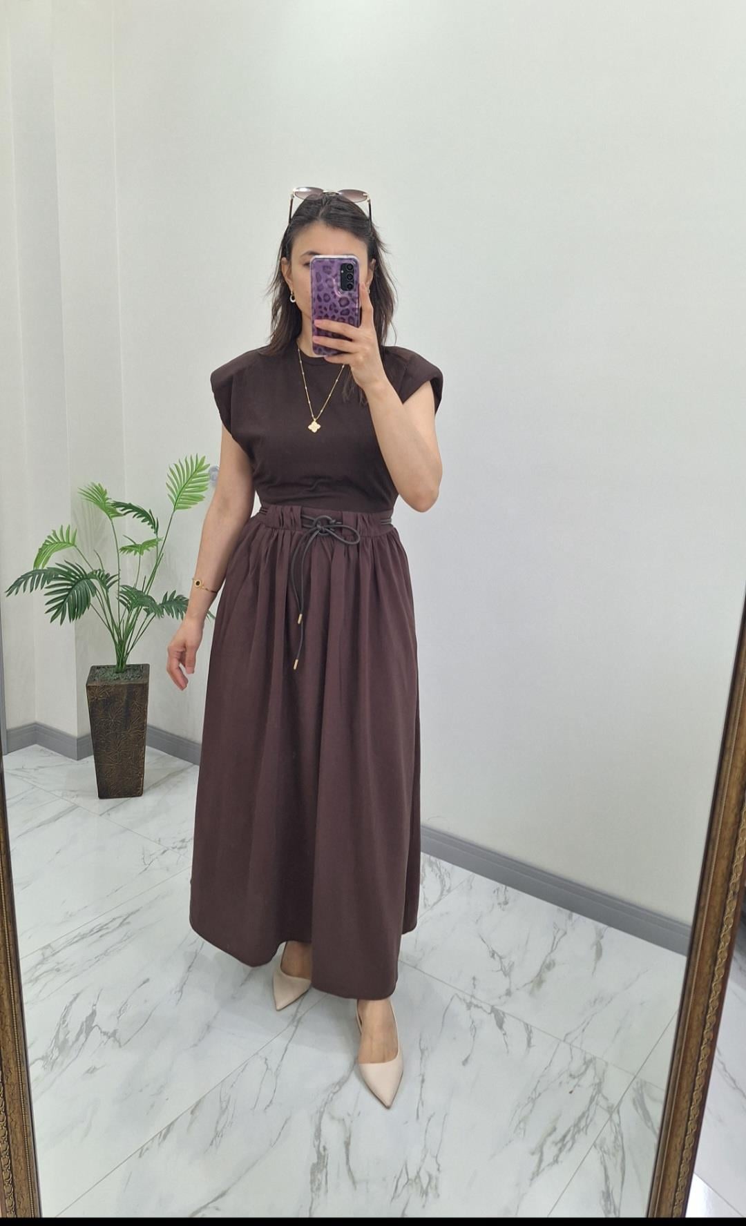 Alt Garnili Elbise Kahve