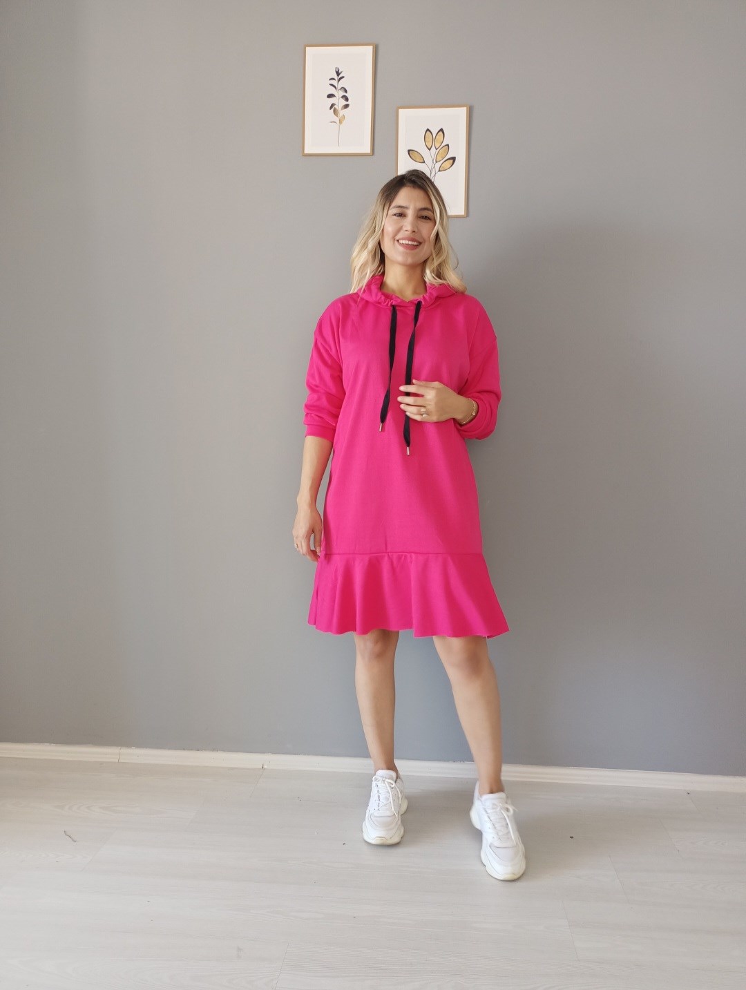 kapşonlu basic elbise pembe