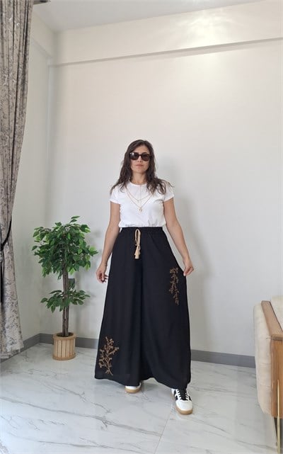 NAKIŞLI BOL PAÇA PANTOLON SİYAH