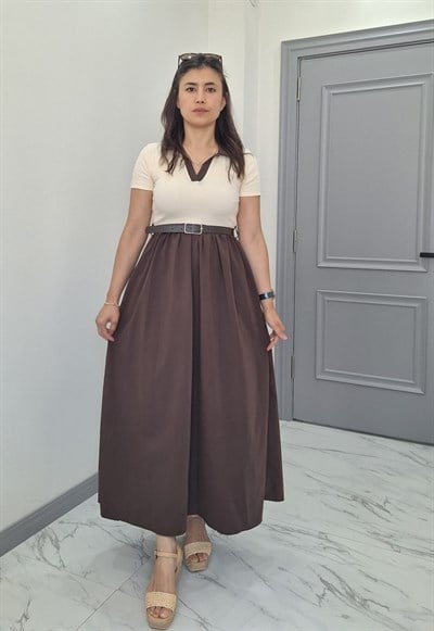 POLO YAKA KEMERLİ ELBİSE KAHVE
