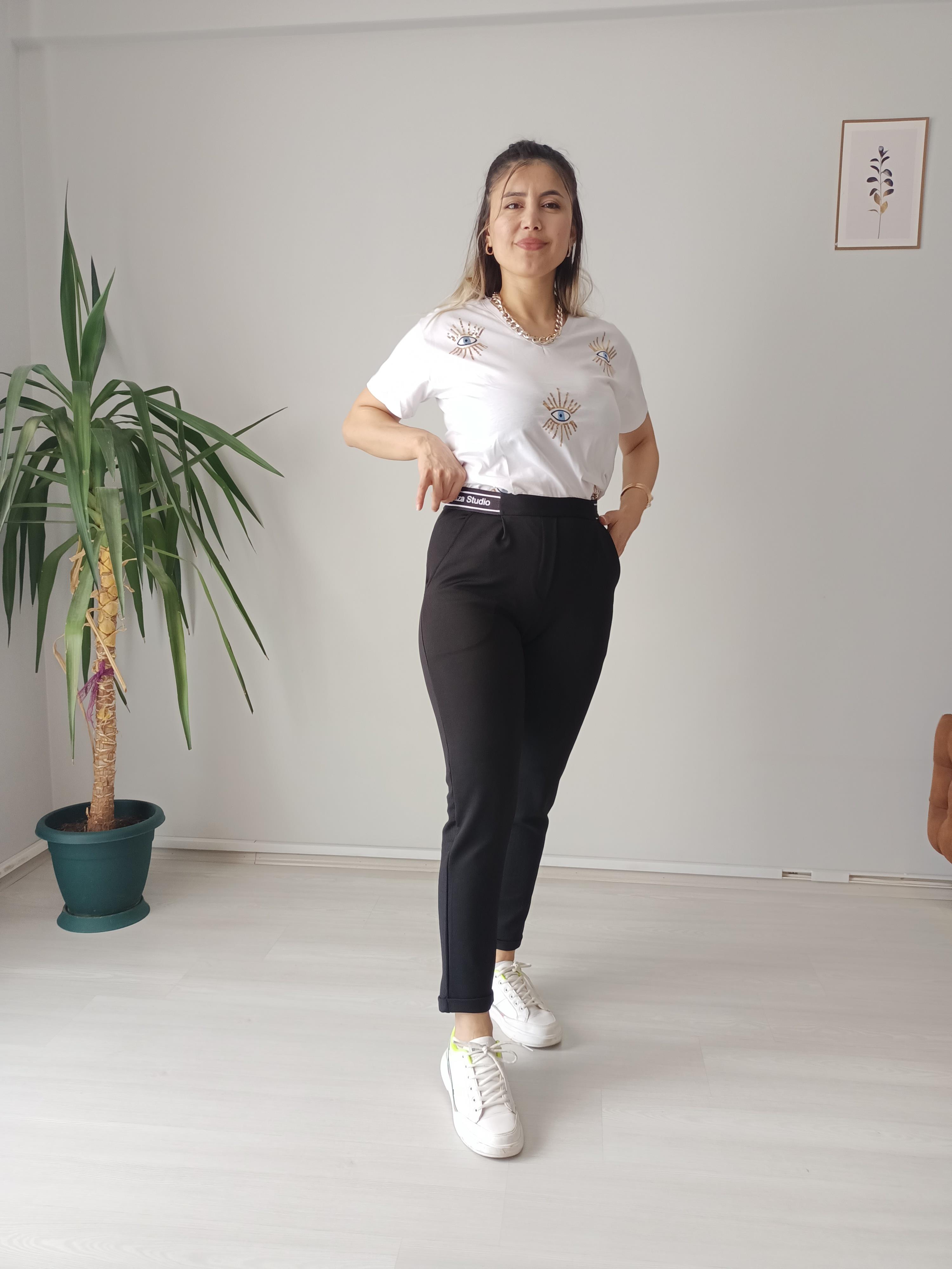 Bel lastikli yazı detaylı pantolon 