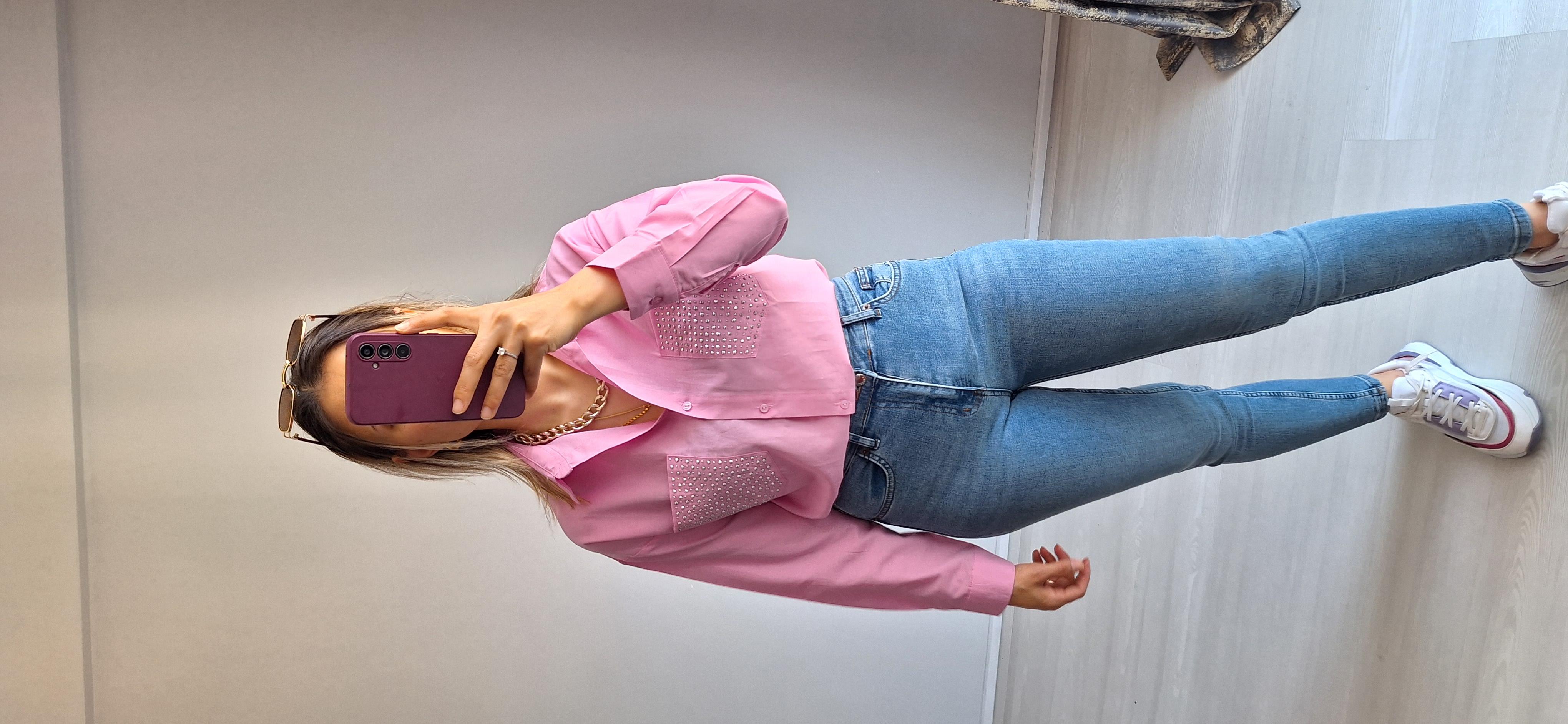 Cepleri taşlı gömlek pembe 