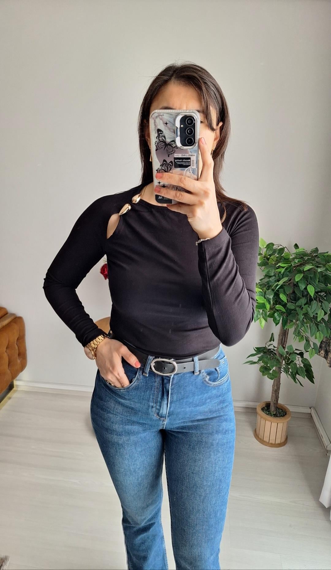 Damla aksesuarli bluz siyah