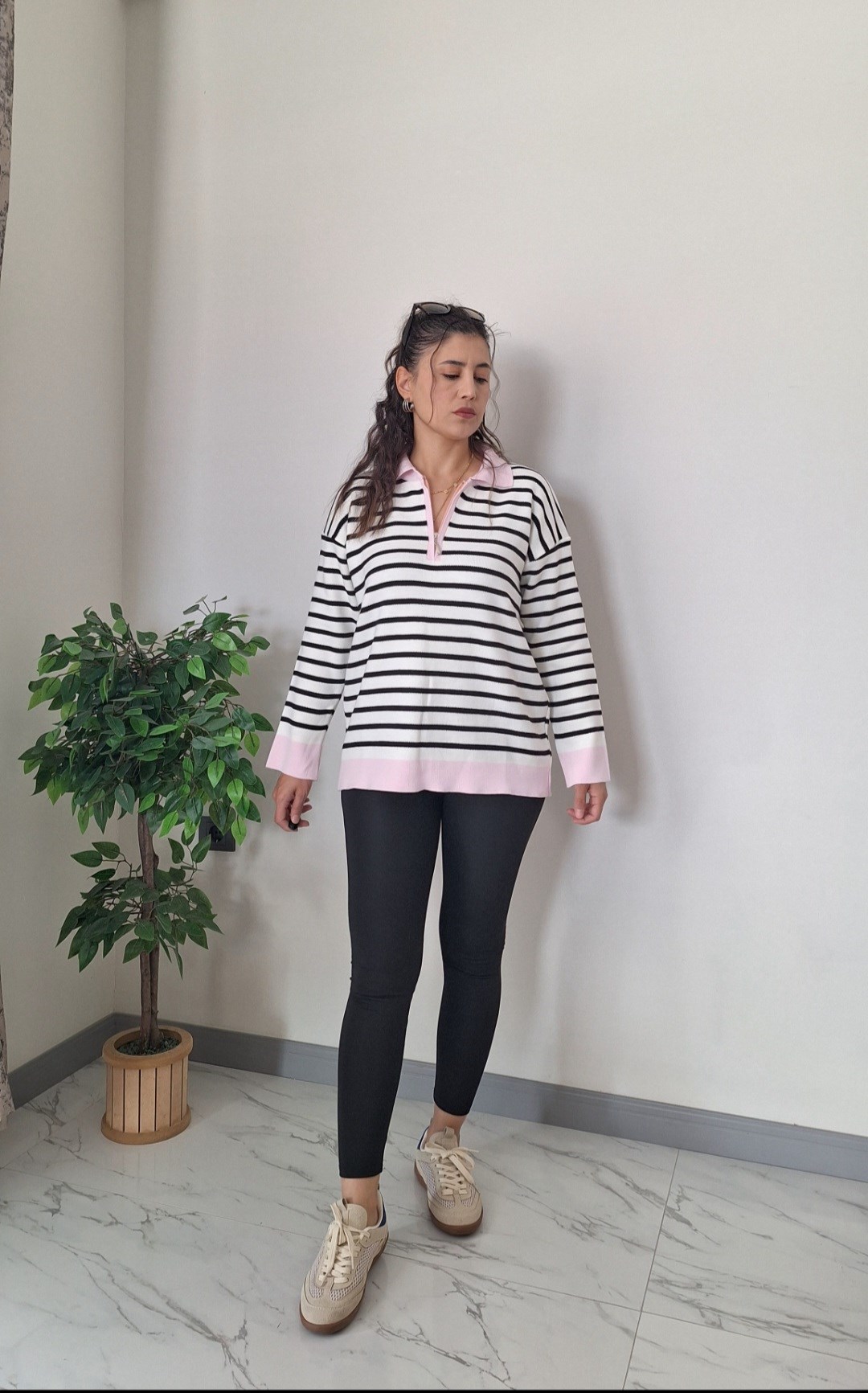 FERMUARLI ÇİZGİLİ TRİKO PEMBE