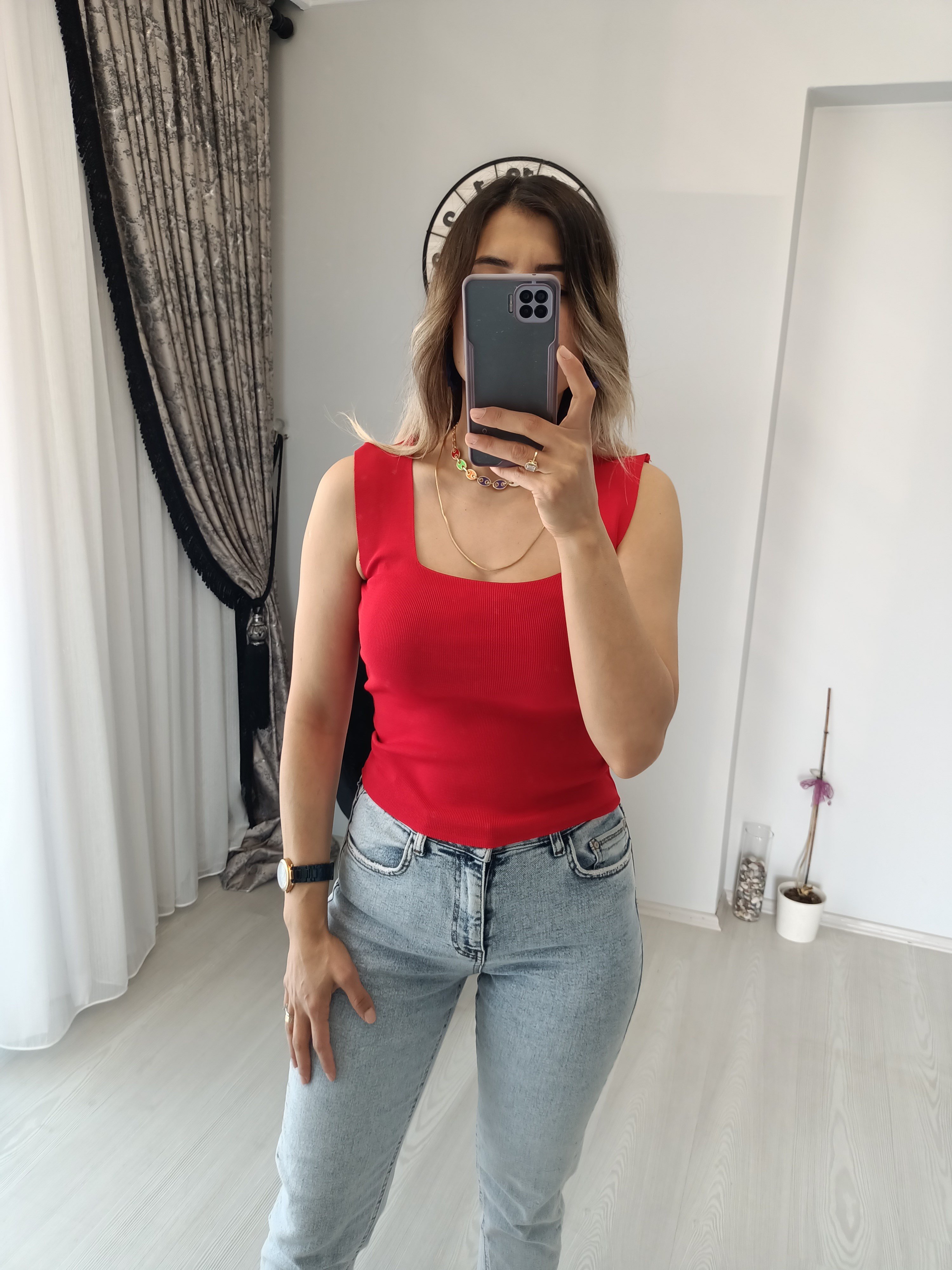 Kare yaka askılı bady kirmizi