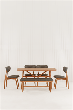 Slim Kayın 150 cm Masa ile Hug Kayın Sandalye ve Alaçatı Kayın 115 cm Bench 6 Kişilik Takım