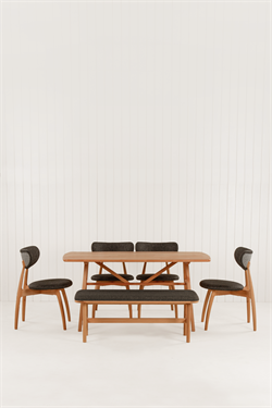 Slim Kayın 150 cm Masa ile Hug Kayın Sandalye ve Alaçatı Kayın 115 cm Bench 6 Kişilik Takım
