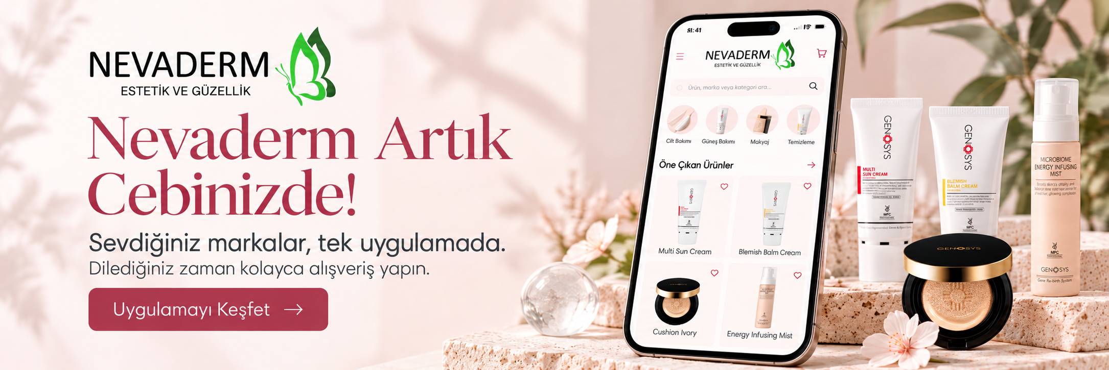 Nevaderm mobil uygulamasında Genosys güneş koruyucu, BB krem ve cilt bakım ürünlerini keşfedin