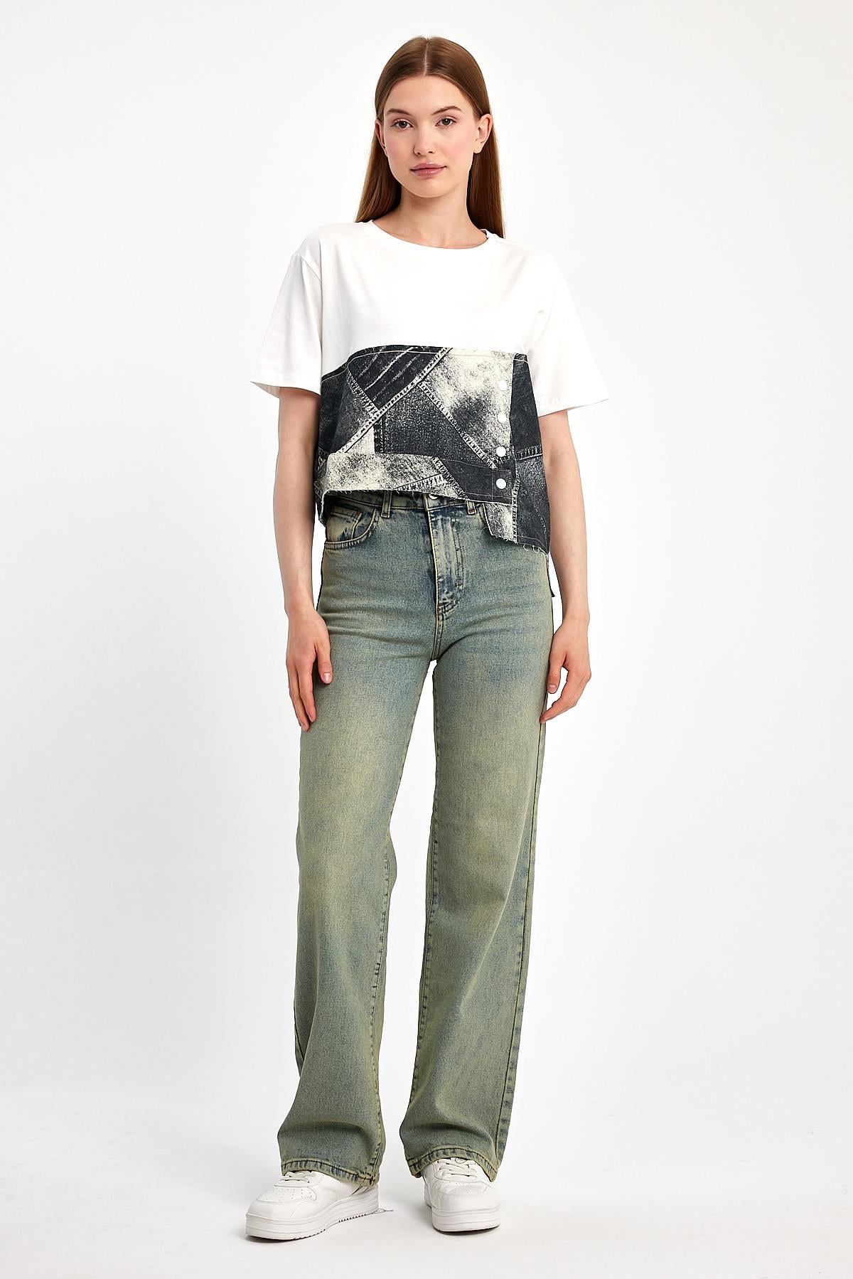 Denim Parçalı Tişört