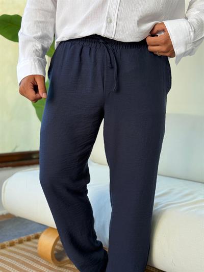 Keten Beli Bağlamalı Havuç Kesim Alt Pantolon Lacivert