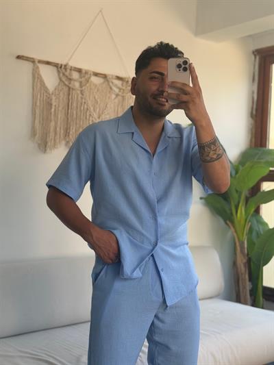 Pantolonlu Kısa kollu Gömlek Takım %100 Keten Pamuk Bebe Mavisi