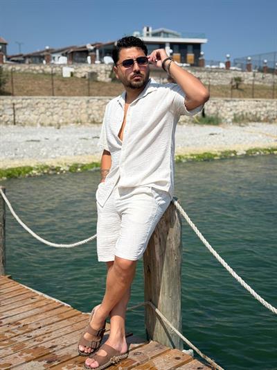 Şortlu Gömlekli Takım %100 Keten Pamuk Taş Beji
