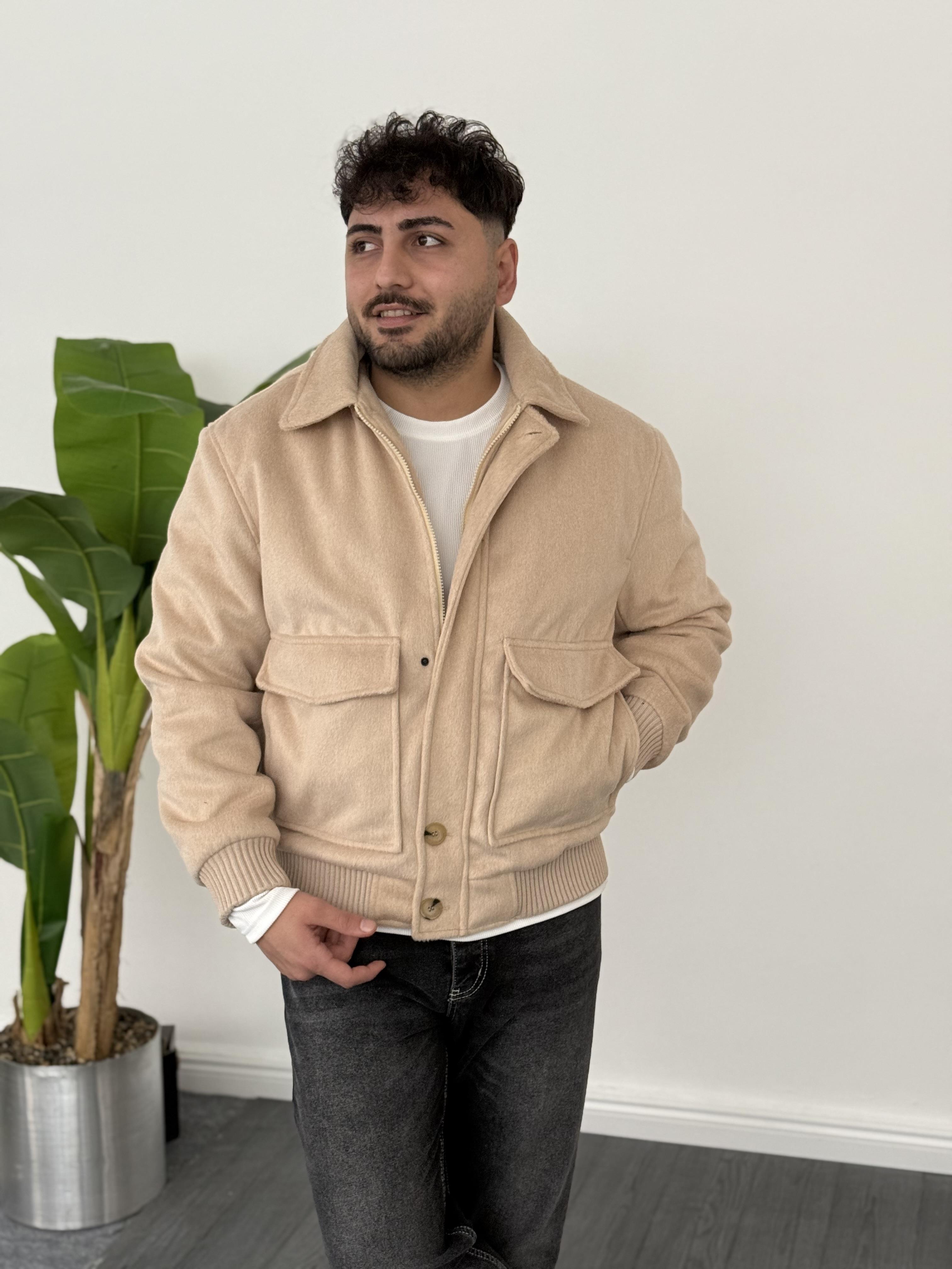 Kaşe Mont Beli Ribanalı Torba Cepli Krem