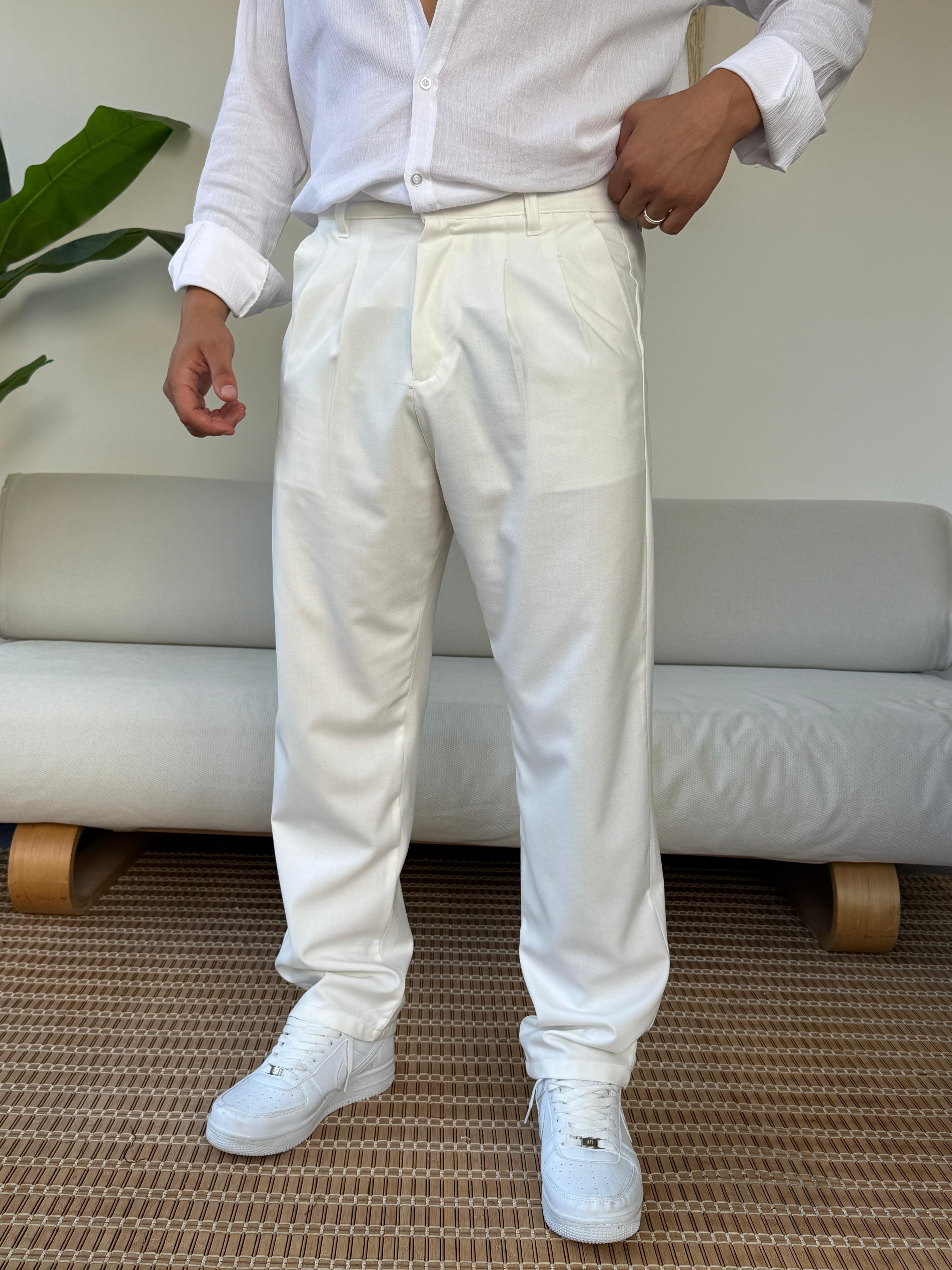 Kumaş Baggy Pile Detaylı Pantolon Beyaz