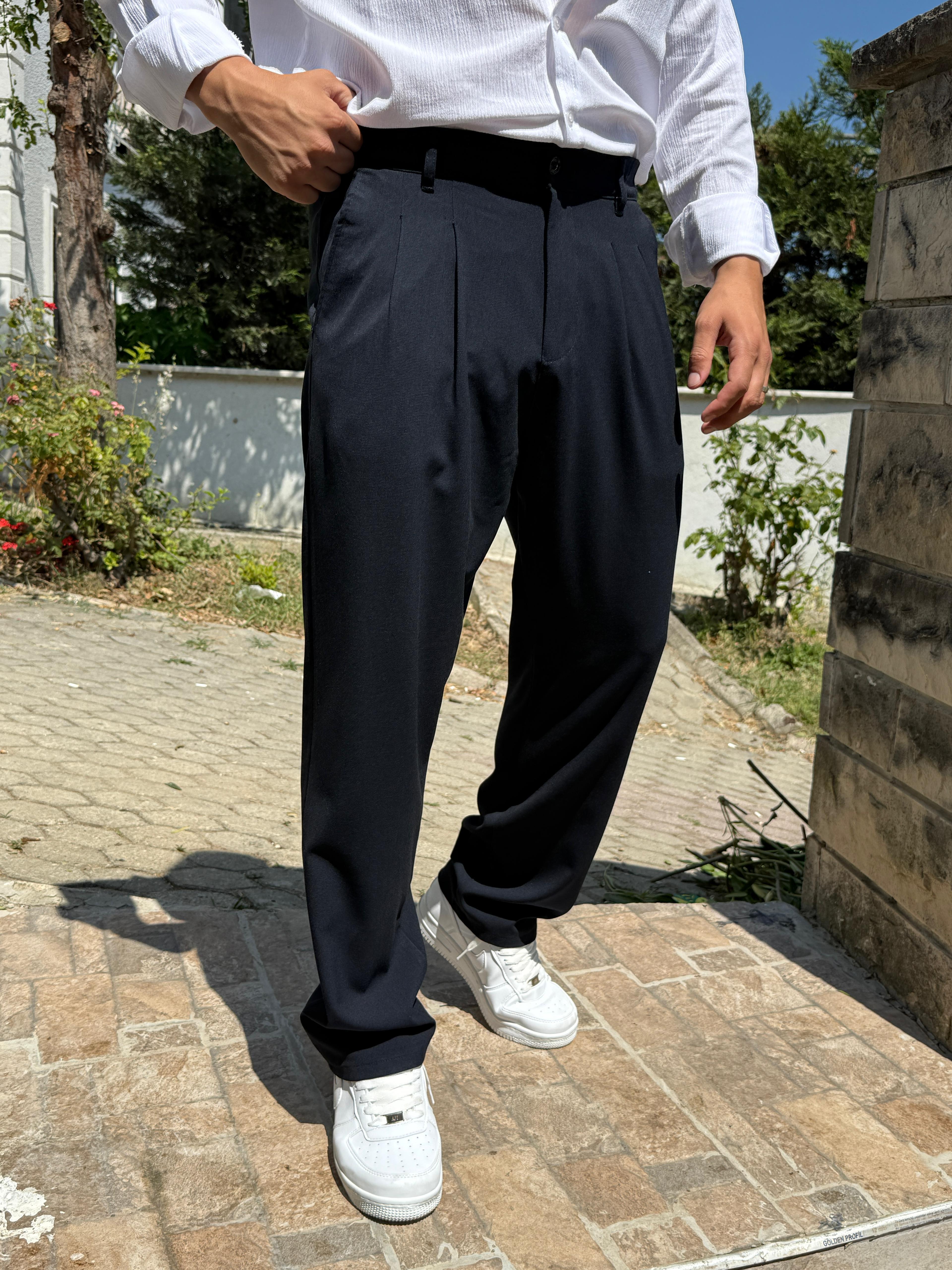 Kumaş Baggy Pile Detaylı Pantolon Lacivert