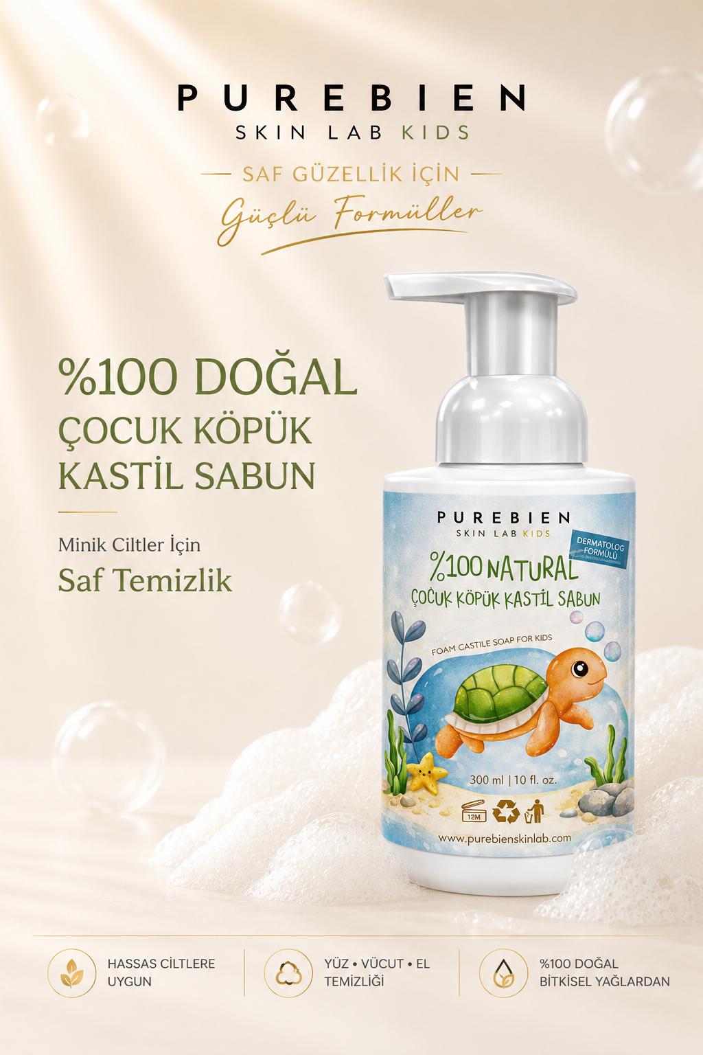 %100 Doğal Çocuk Kastil Köpük Sabunu, Yoğun Nemlendirici Etki, 300 ML