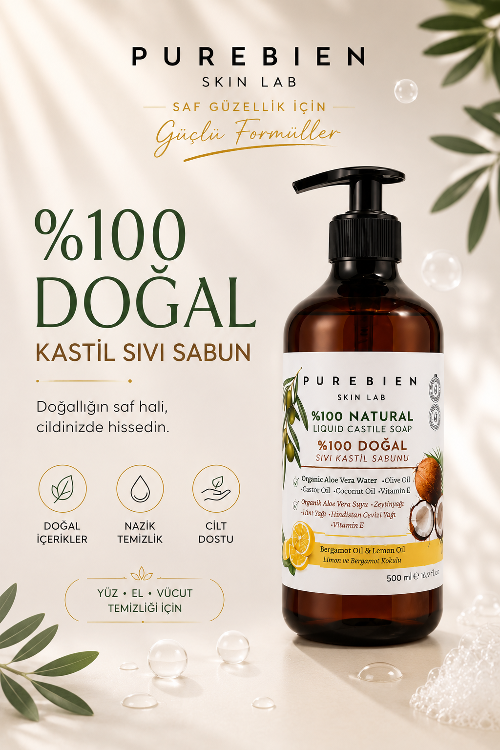 %100 Doğal Kastil Sıvı Sabun - Bergamot & Limon Kokulu