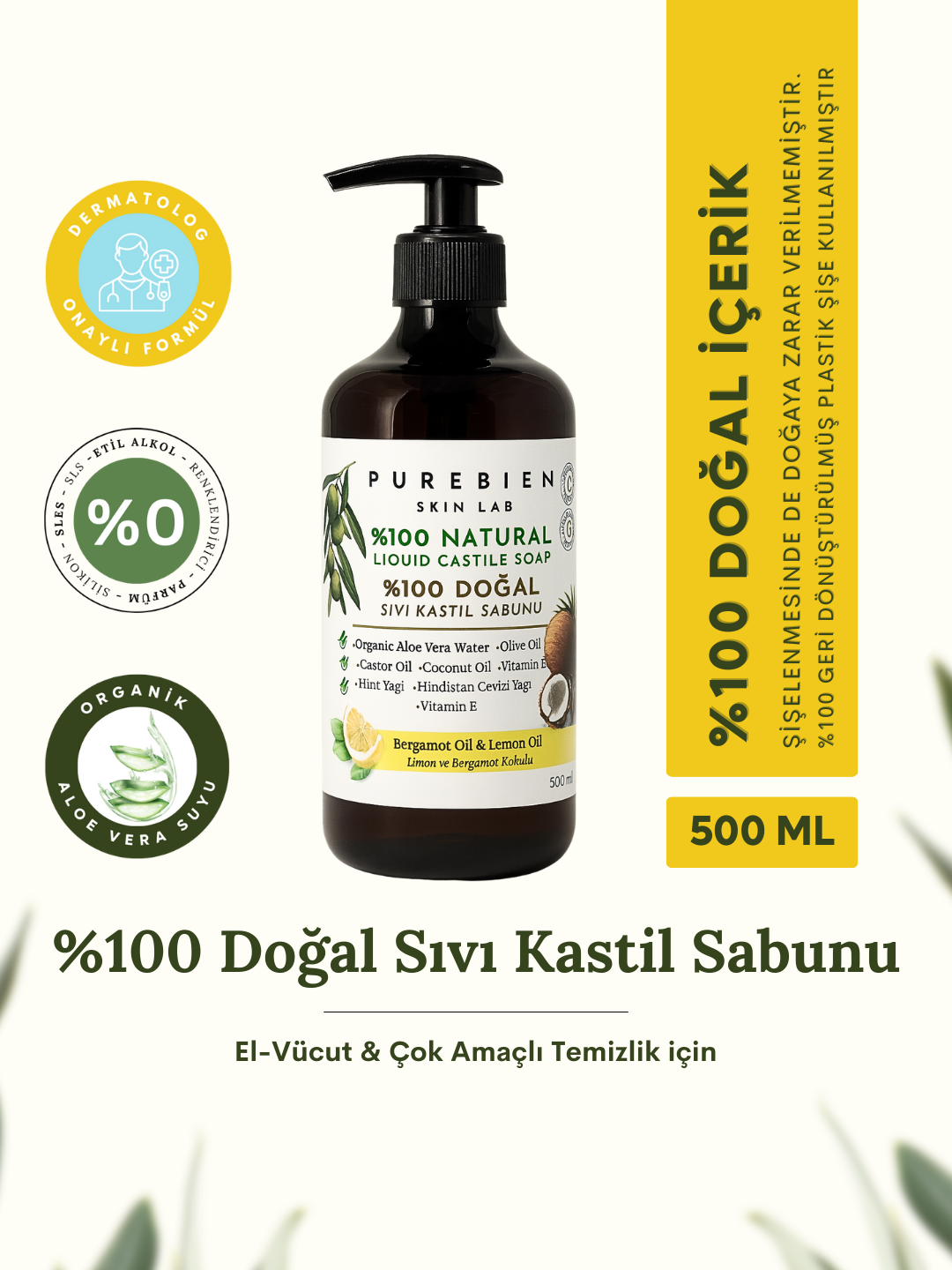 %100 Doğal Kastil Sıvı Sabun - Bergamot & Limon Kokulu