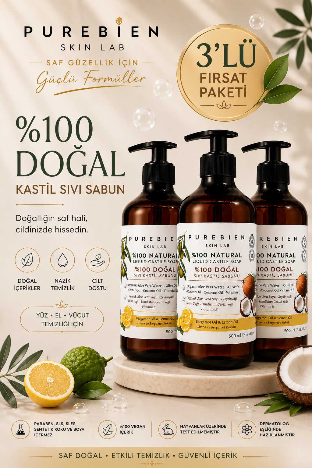 3lü Fırsat %100 Doğal Kastil Sıvı Sabun - Bergamot & Limon Kokulu