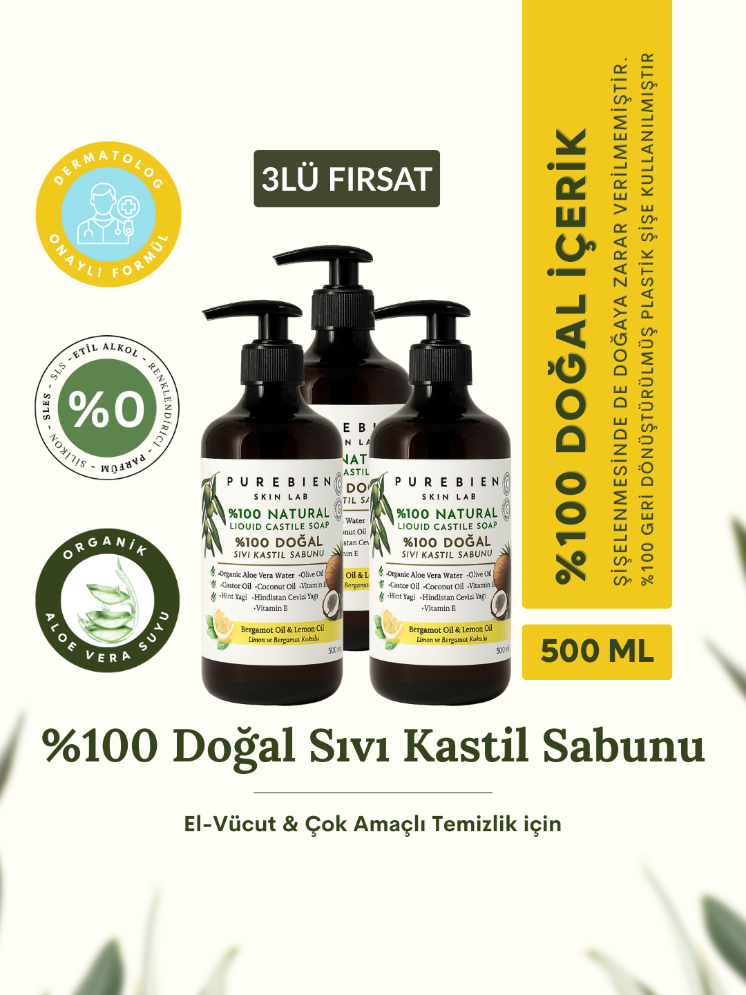 3lü Fırsat %100 Doğal Kastil Sıvı Sabun - Bergamot & Limon Kokulu