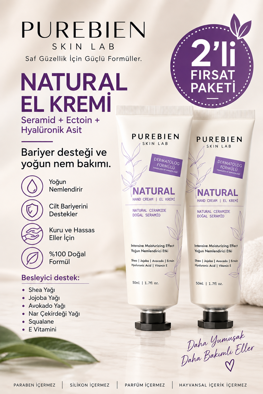 Purebien Skin Lab Natural El Kremi Seramid, Ectoin ve Hyalüronik Asit İçeren Yoğun Nem Bakımı 50 ml