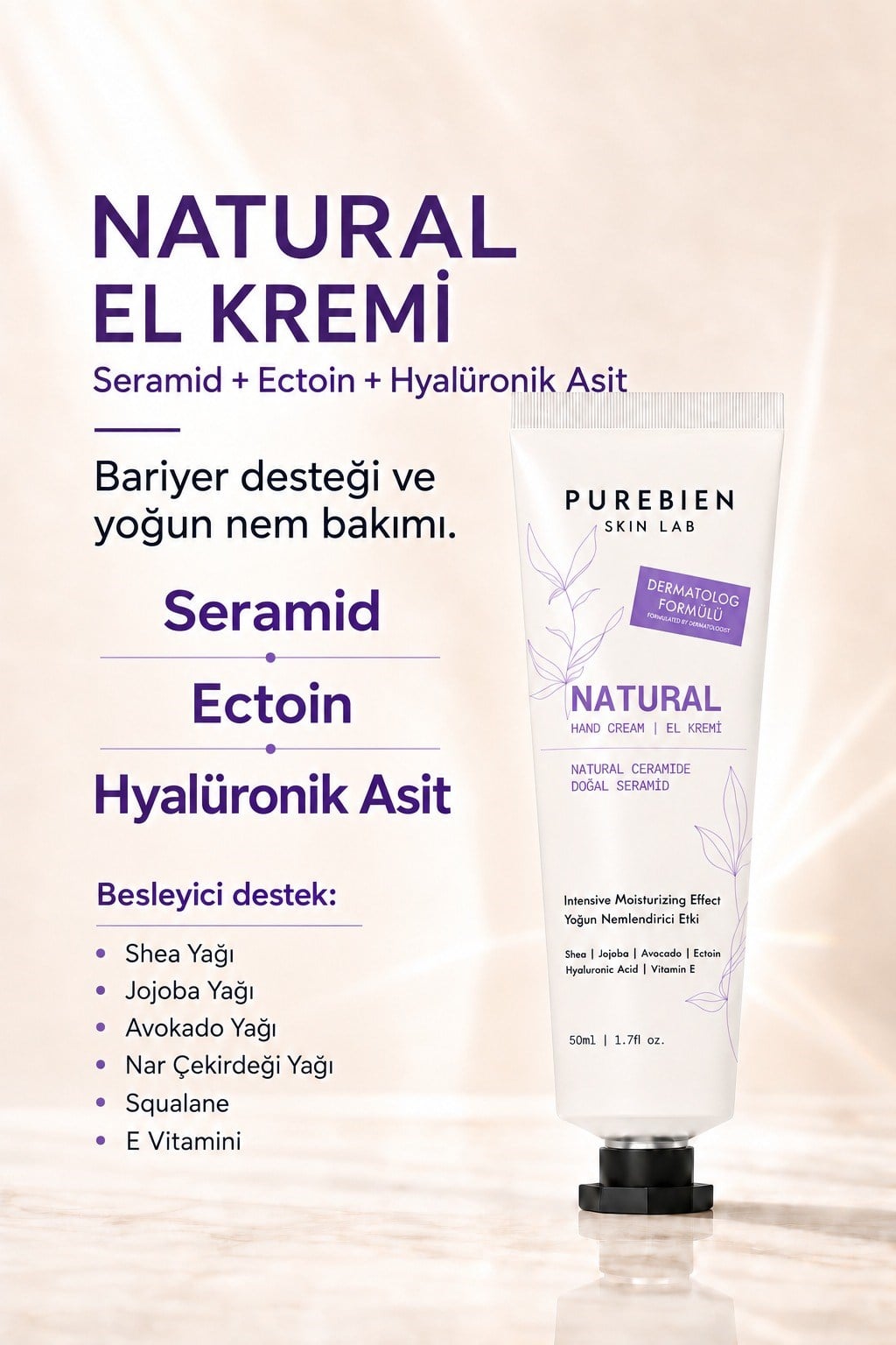 Purebien Skin Lab Natural El Kremi Seramid, Ectoin ve Hyalüronik Asit İçeren Yoğun Nem Bakımı 50 ml