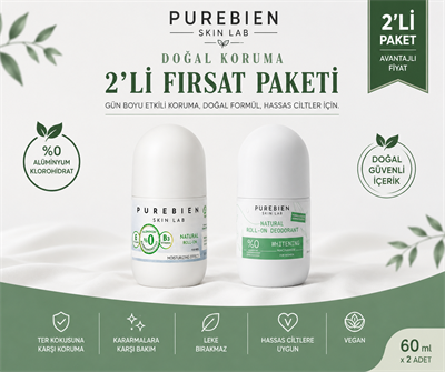 2 li set Doğal Roll On Deodorant Kadın ve Erkek Dermatolog Onaylı Koltuk Altı Kararmalarına Karşı Bakım, Ter Kokusu Önleyici, Alkolsüz, Vegan, Leke Bırakmaz 50 ml