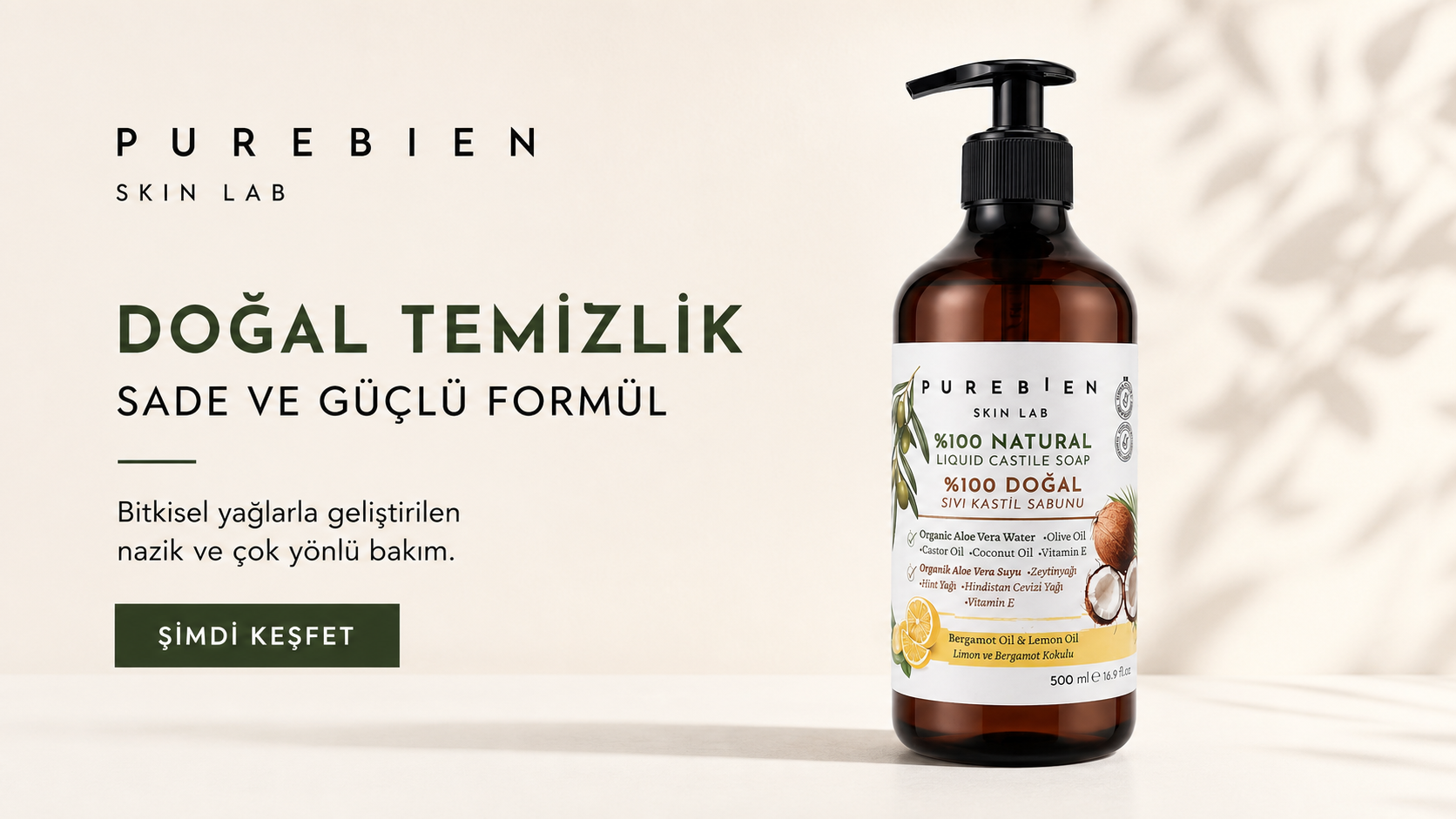 PUREBIEN SKİN LAB %100 Doğal Kastil Sıvı Sabun - Bergamot & Limon Kokulu