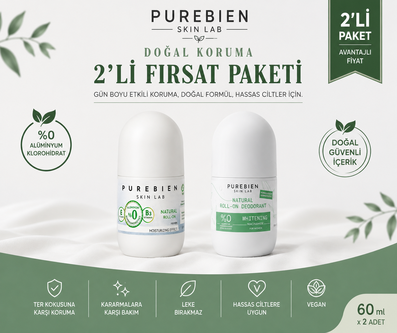 2 li set Doğal Roll On Deodorant Kadın ve Erkek Dermatolog Onaylı Koltuk Altı Kararmalarına Karşı Bakım, Ter Kokusu Önleyici, Alkolsüz, Vegan, Leke Bırakmaz 50 ml