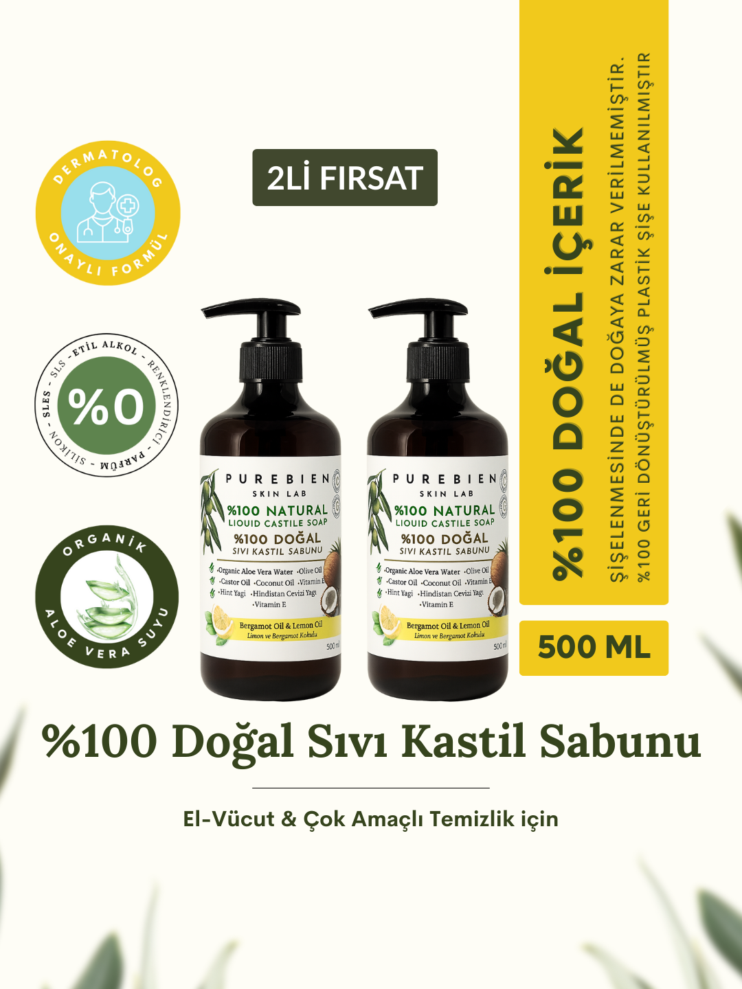 2li Fırsat %100 Doğal Kastil Sıvı Sabun - Bergamot & Limon Kokulu