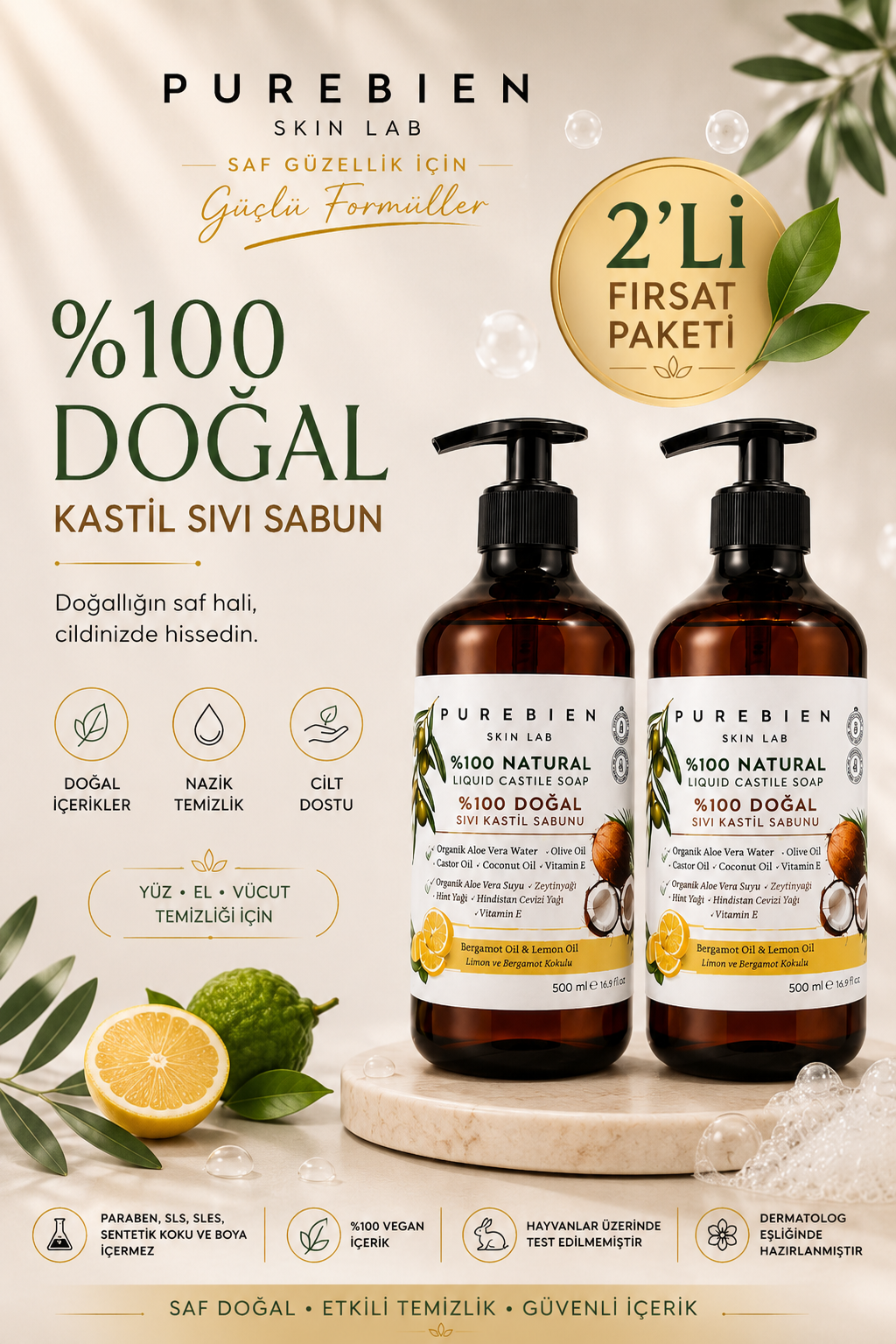 2li Fırsat %100 Doğal Kastil Sıvı Sabun - Bergamot & Limon Kokulu