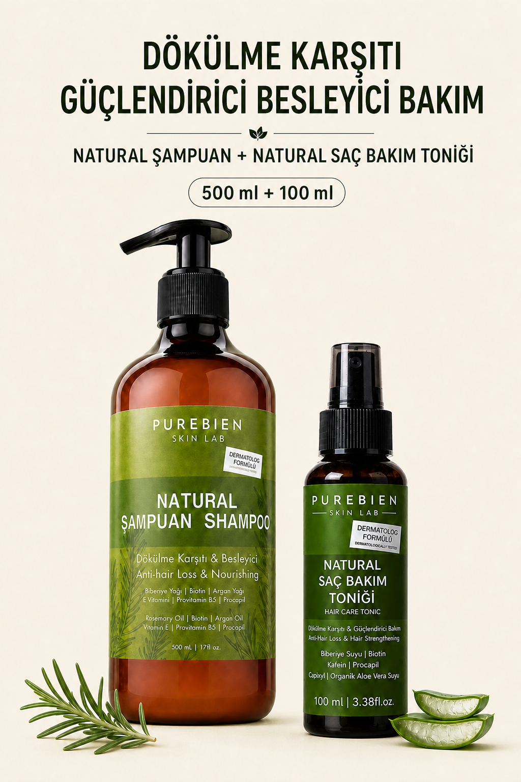 Purebien Natural Şampuan ve Saç Bakım Toniği Seti – Dökülme Karşıtı, Güçlendirici ve Besleyici Bakım 500 ml + 100 ml