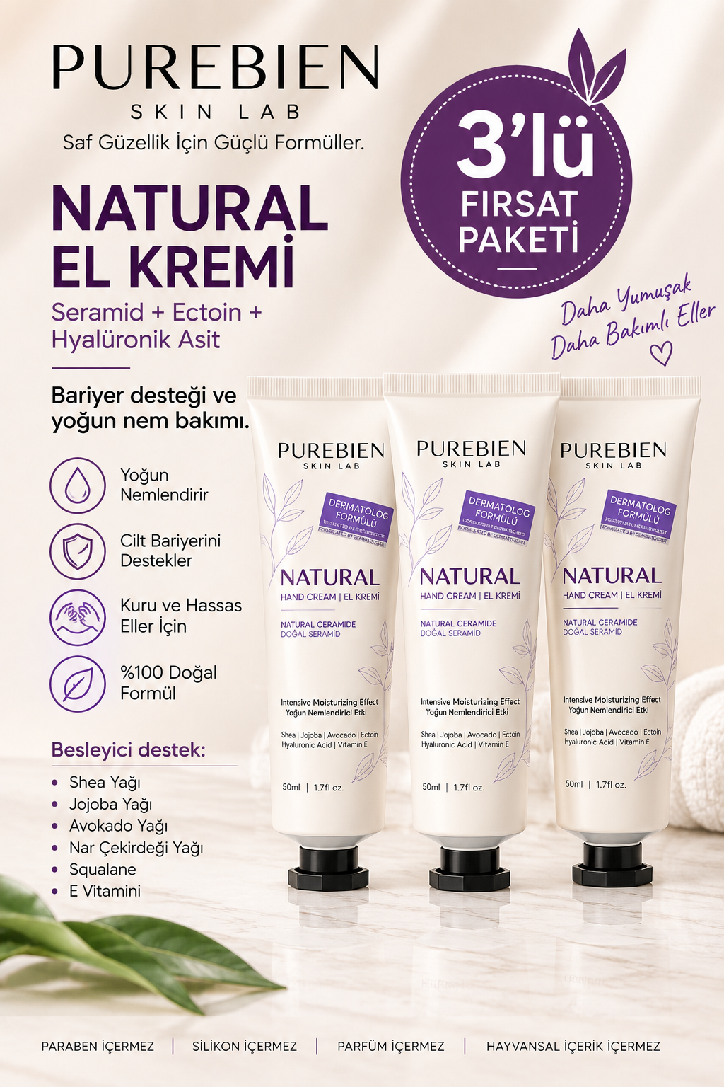 Purebien Skin Lab Natural El Kremi Seramid, Ectoin ve Hyalüronik Asit İçeren Yoğun Nem Bakımı 50 ml