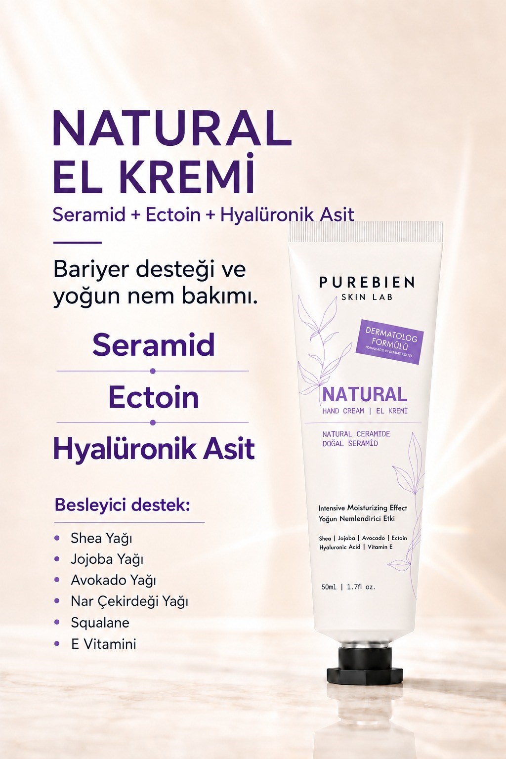 Purebien Skin Lab Natural El Kremi Seramid, Ectoin ve Hyalüronik Asit İçeren Yoğun Nem Bakımı 50 ml