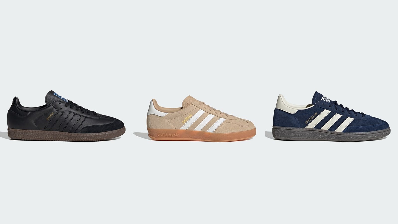 adidas Samba OG siyah, Gazelle Indoor bej ve Handball Spezial lacivert yan yana