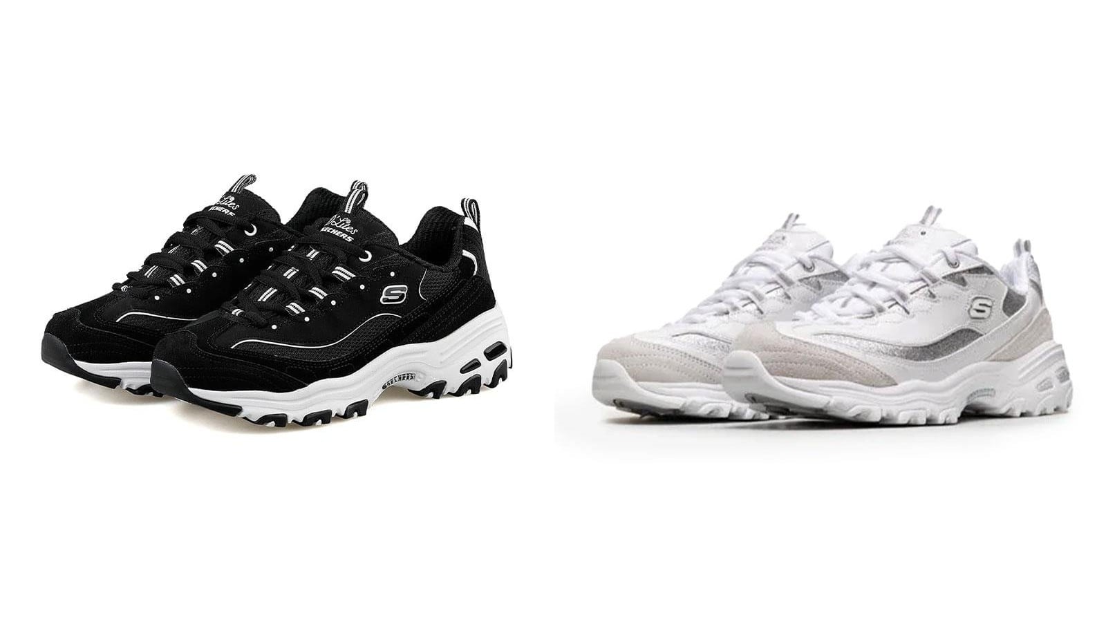 Skechers D'Lites March Forward siyah ve Glimmer Eve beyaz kadın ayakkabı yan yana