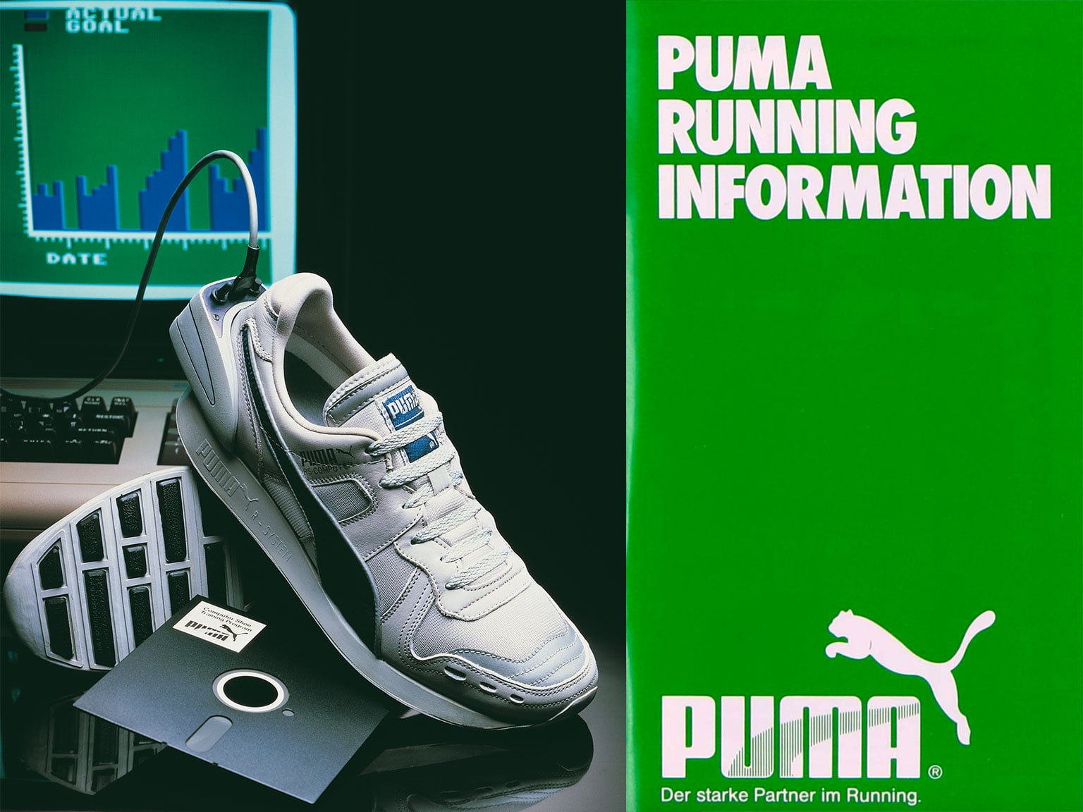PUMA arşivinden RS-Computer: gri koşu ayakkabısı, topuğundan çıkan kablo bir bilgisayara bağlı, yanında disket ve ekranda koşu grafiği