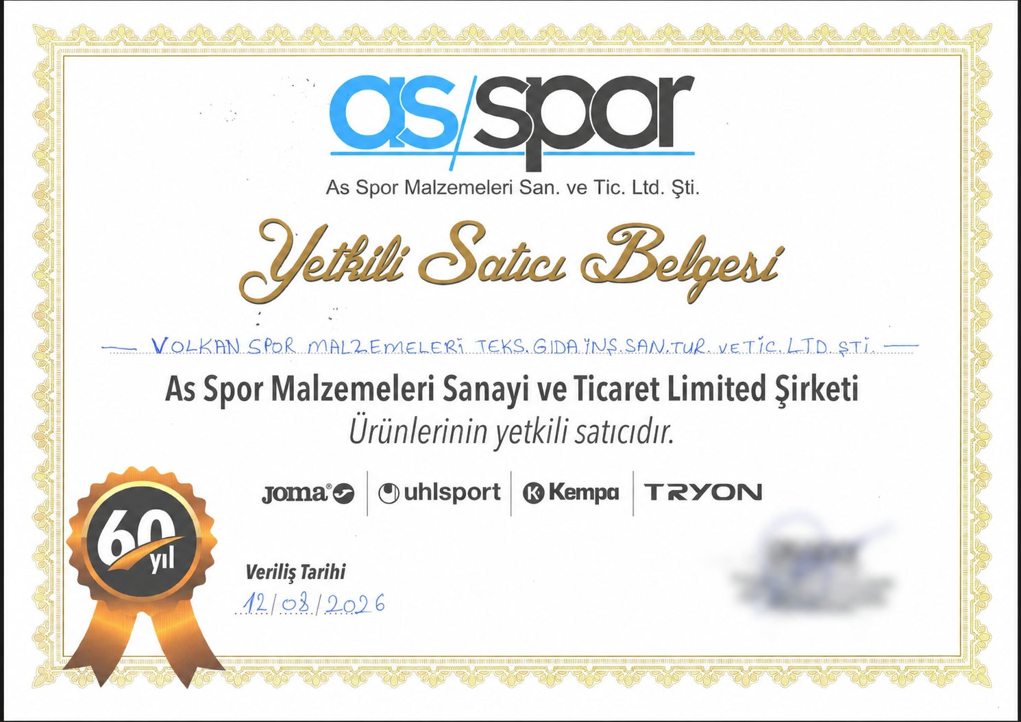 Joma, Uhlsport, Kempa yetkili satıcı belgesi