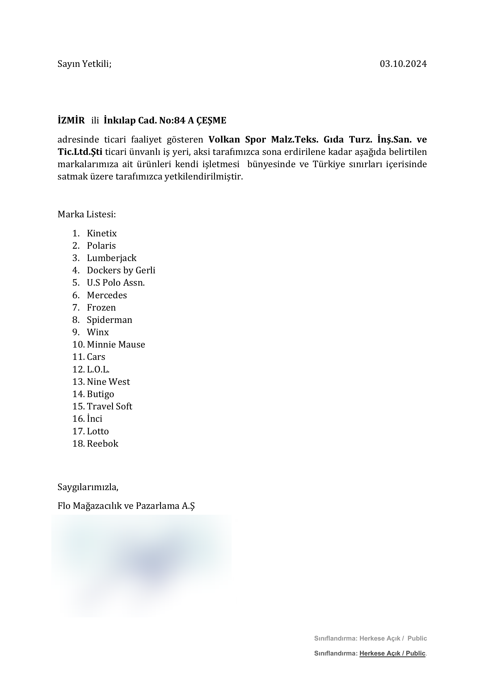 FLO marka listesi yetkili satıcı belgesi