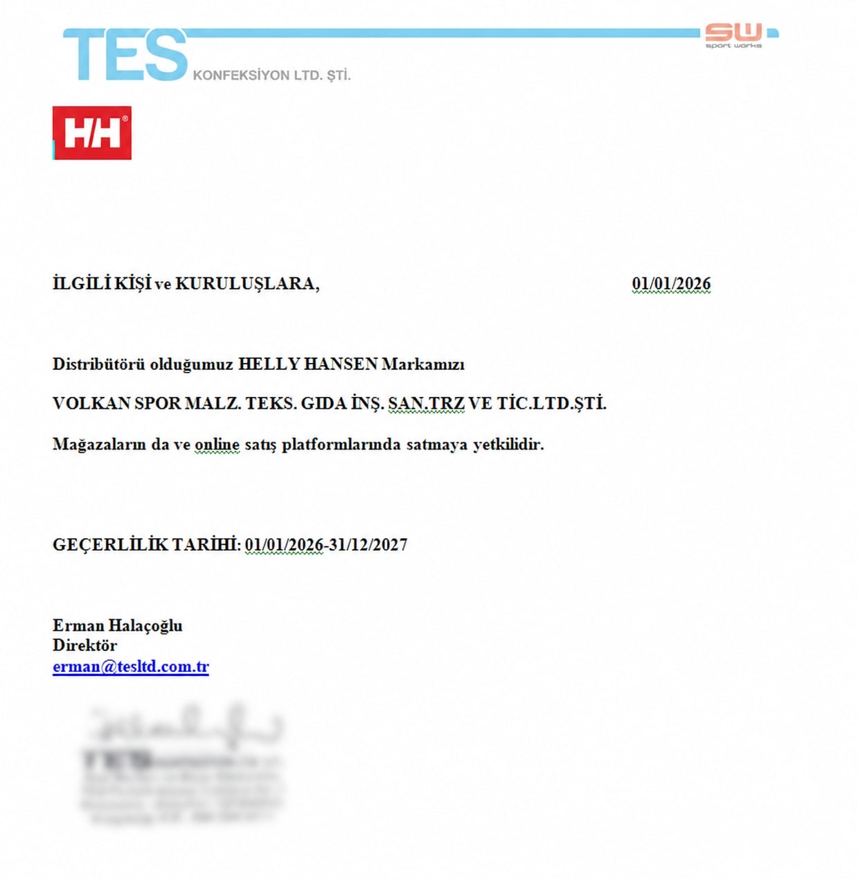Helly Hansen yetkili satıcı belgesi